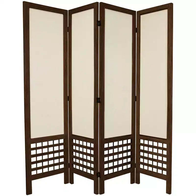 5 1/2ft. Tall 4 Panels Open Lattice Fabric Room Divider Burnt Brown - Oriental Furniture: Hardwood Frame, No Assembly Required
