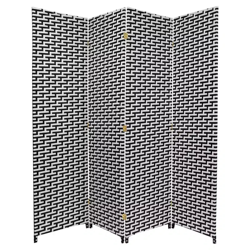 Oriental Furniture 6' Tall Woven Fiber 4 Panel Room Divider Black/White: Hardwood Frame, No Assembly Required