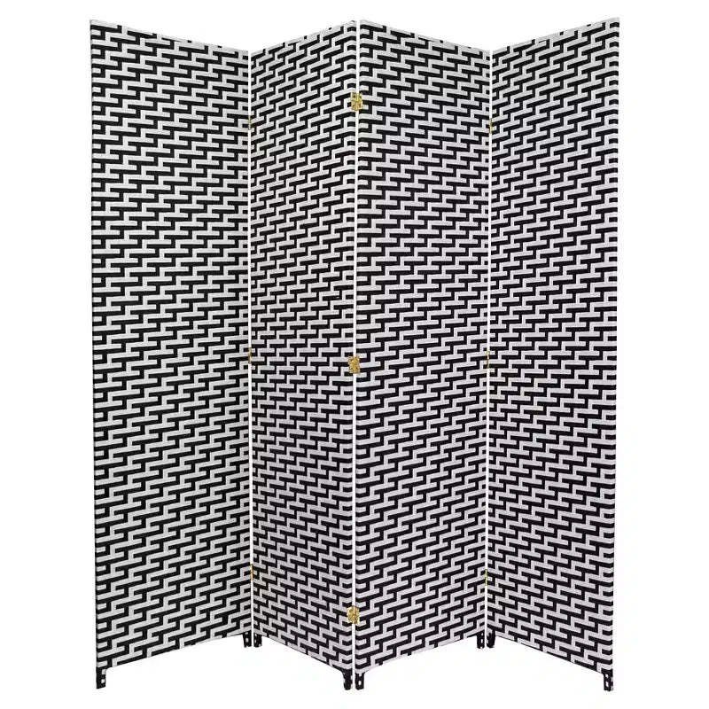 Oriental Furniture 6' Tall Woven Fiber 4 Panel Room Divider Black/White: Hardwood Frame, No Assembly Required