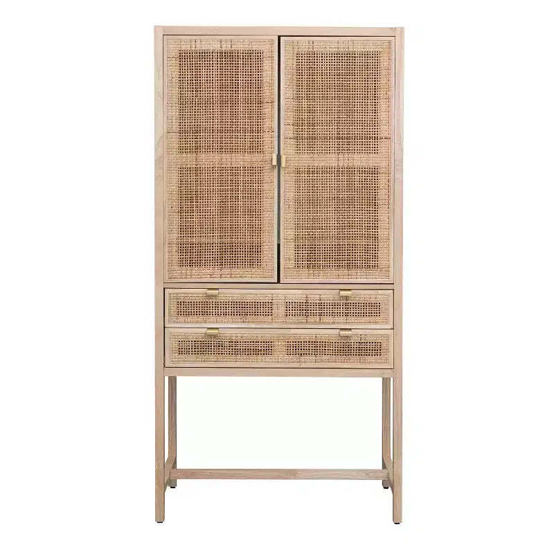 Storied Home Nero 67" Tall Decorative Storage Cabinet Natural: Beechwood & MDF, Fixed Shelf, 2 Drawers