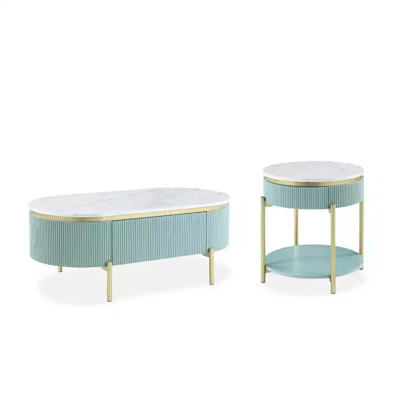 2pc Cartehena Faux Marble Coffee and End Table Set Light Teal Blue - HOMES: Inside + Out: Gold Twist, Concealed Drawer, Oval Shape