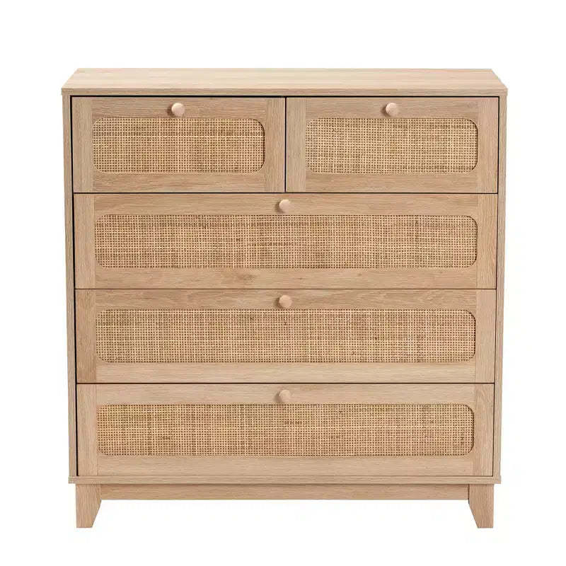 Elsbeth Wood and Natural Rattan 5 Drawer Storage Cabinet Oak Brown/Natural Brown - Baxton Studio