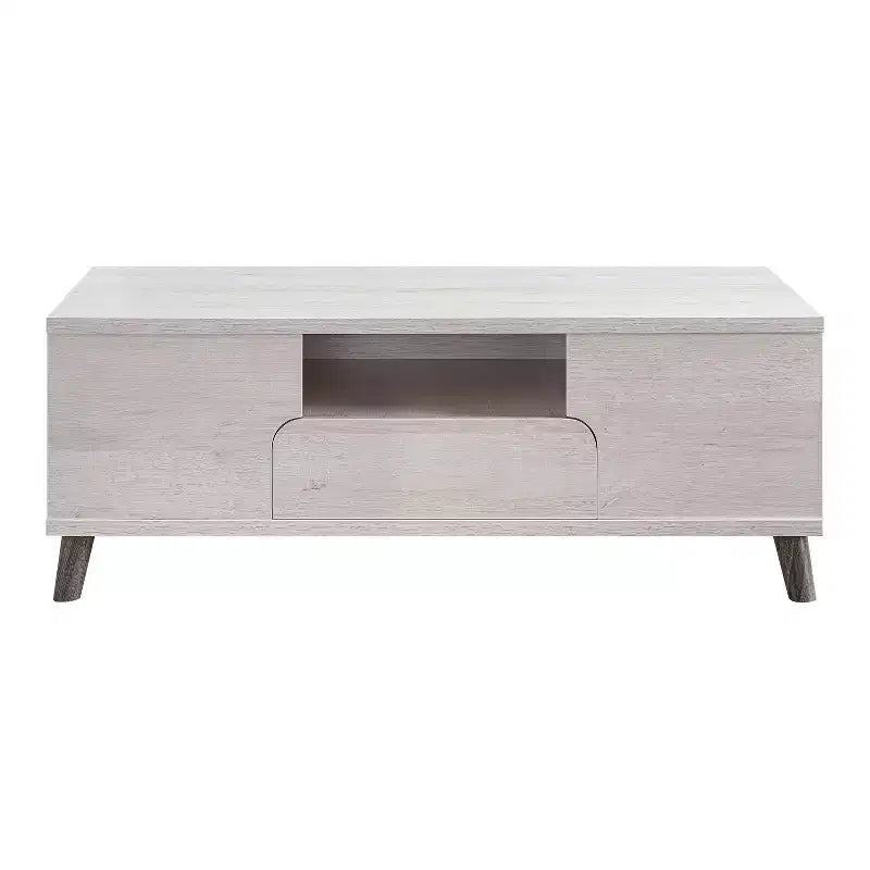 Frelmer 1 Drawer Coffee Table White Oak/Distressed Gray - miBasics: Mid-Century Modern, Flared Legs, Fixed Shelves