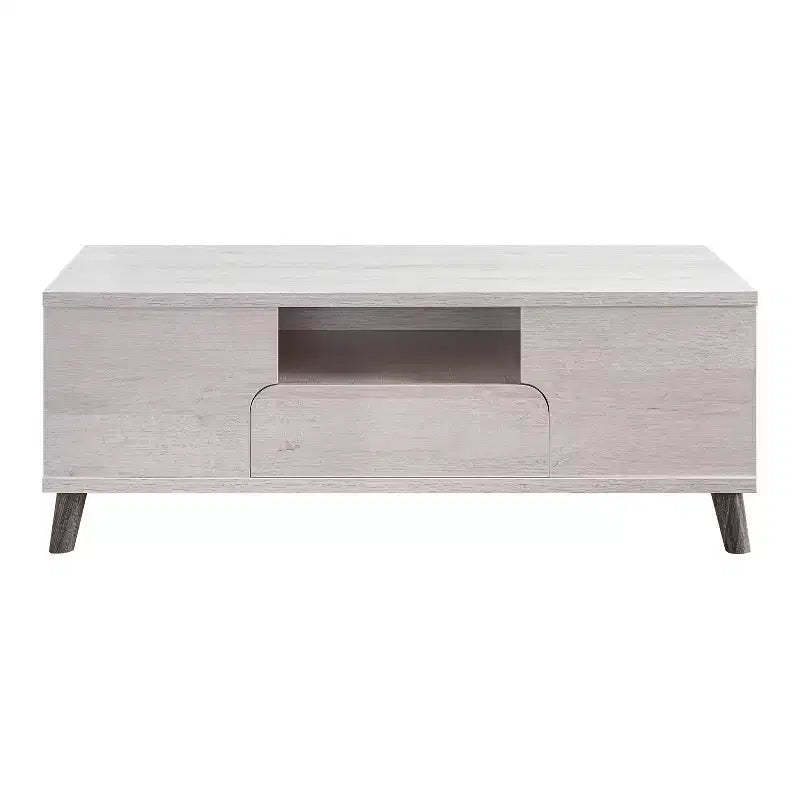 Frelmer 1 Drawer Coffee Table White Oak/Distressed Gray - miBasics: Mid-Century Modern, Flared Legs, Fixed Shelves