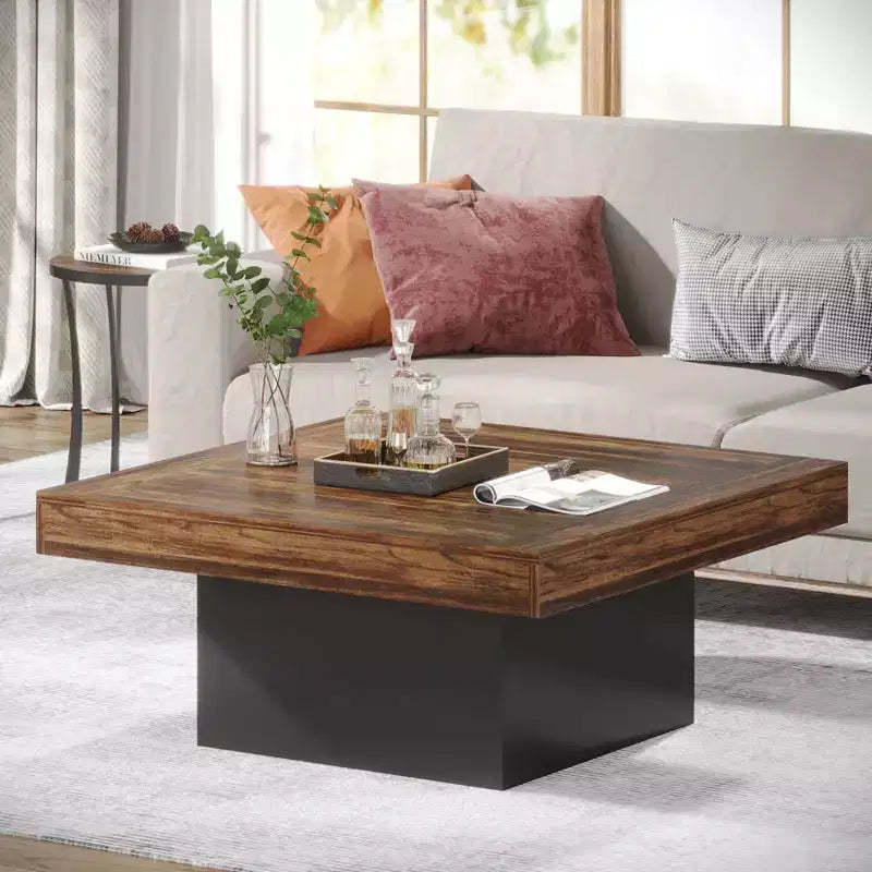 LITTLE TREE Square Farmhouse Wood Coffee Table with LED Brown/Black