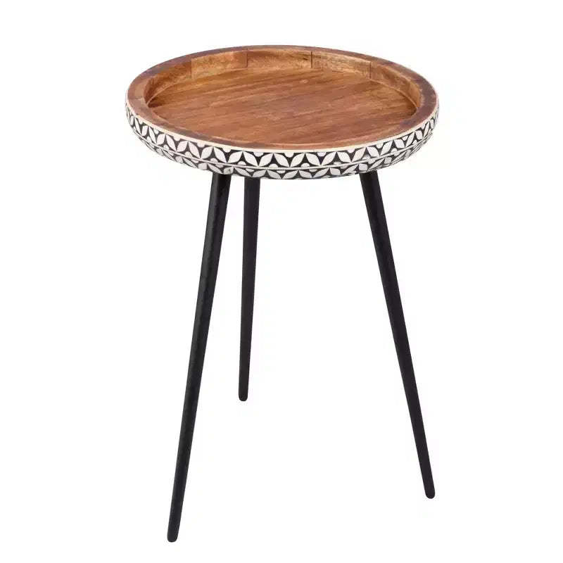 East at Main 18" Round Mango Wood Tray Top Side Table Brown: Sturdy Metal Frame, 20" High End Table