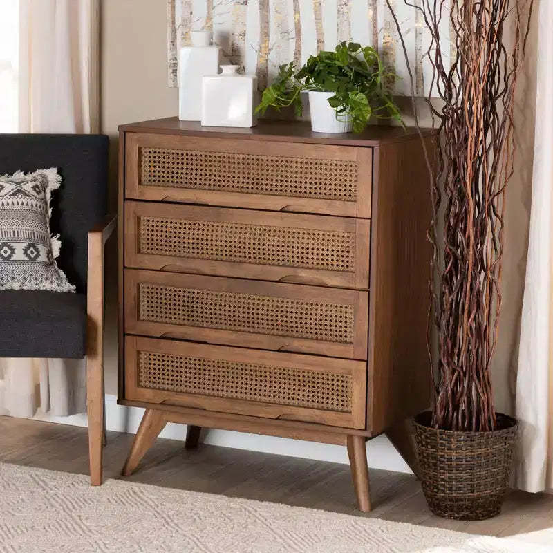 Barrett Wood & Synthetic Rattan Chest: 4-Drawer Storage for Bedroom - Baxton Studio