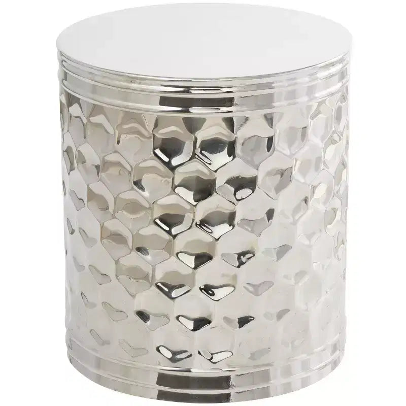 Olivia & May Stainless Steel Geometric Drum Accent Table with Hexagon Patterned Exterior Silver