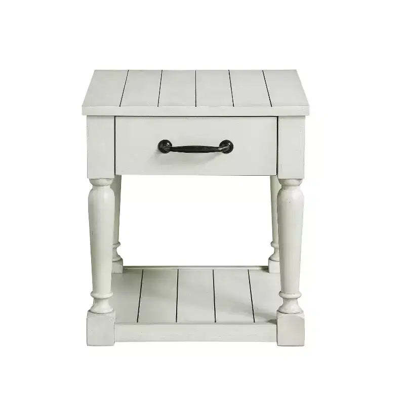Hemingway End Table Alabaster - Steve Silver Co.: Cottage Style, Turned Legs, Storage Shelf, Planked Top
