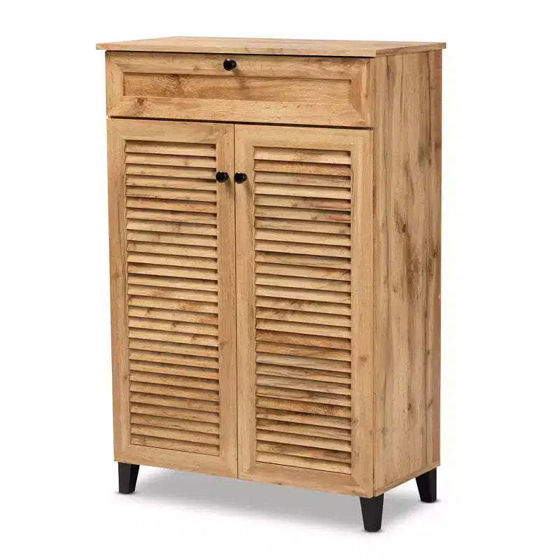 Coolidge Wood 5 Shelf Storage Cabinet Oak Brown - Baxton Studio: Slatted Doors, Tapered Legs, 15 Pair Shoe Organizer