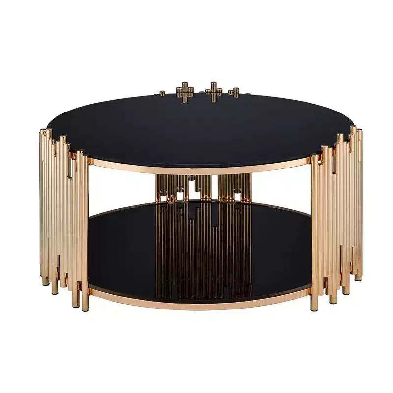 37" Tanquin Coffee Table Black Glass and Gold Finish - Acme Furniture: Round Pedestal, Tempered Glass, Open Shelf