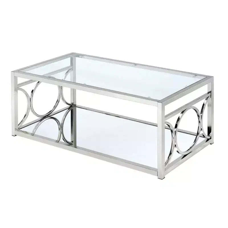 HOMES: Inside + Out Nora Coffee Table Chrome: Contemporary Silver Metal Frame, Clear Tempered Glass, Storage Shelf, 4-Point Base