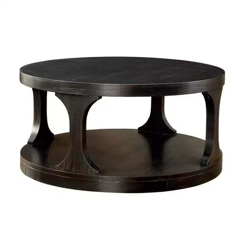 HOMES: Inside + OutSande Farmhouse Round Wood Coffee Table Antique Black: Fixed Shelf, Transitional Style