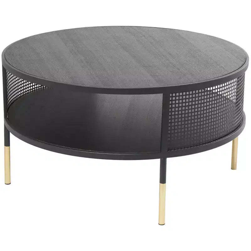 Olivia & May Metal Open Grid Frame 1 Shelf Coffee Table with Gold Legs Black: Modern Drum Style, No Assembly Required