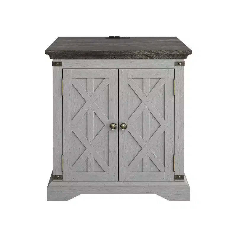 Festivo 2 Door Side Table Gray: Farmhouse Style, Built-in USB/AC Outlets, Adjustable Shelf