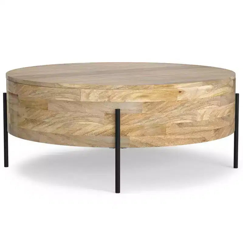 WyndenHall Farmington Drum Coffee Table Natural : Modern Industrial Style, Mango Wood & Iron, 38"