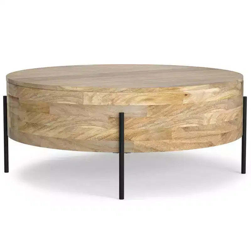 WyndenHall Farmington Drum Coffee Table Natural : Modern Industrial Style, Mango Wood & Iron, 38"