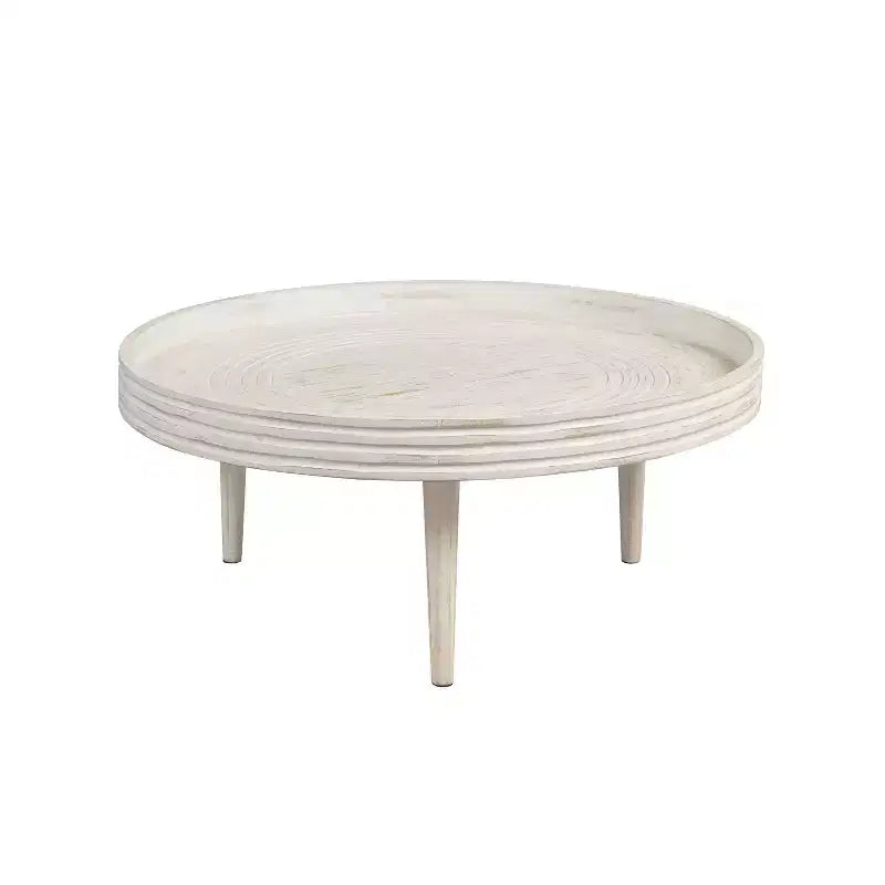 The Urban Port 33" Coffee Table Solid Mango Wood Handcrafted Round Grooved Raised Edge Distressed White
