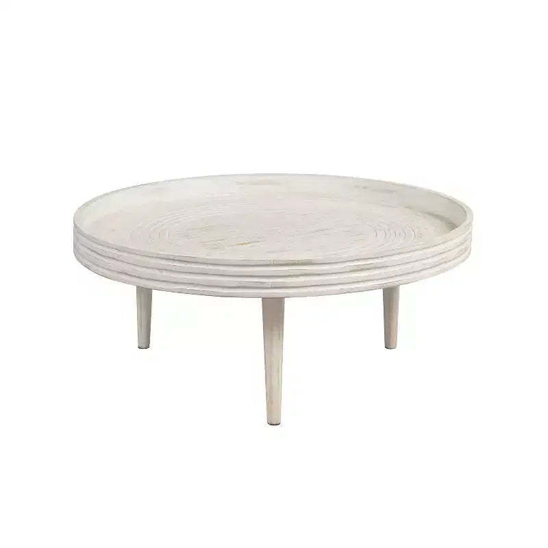 The Urban Port 33" Coffee Table Solid Mango Wood Handcrafted Round Grooved Raised Edge Distressed White