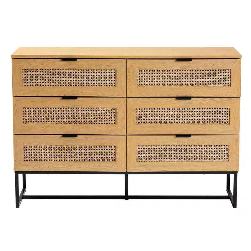 Sawyer Wood and Metal 6 Drawer Storage Cabinet with Natural Rattan Oak Brown/Black - Baxton Studio: Mid-Century Credenza