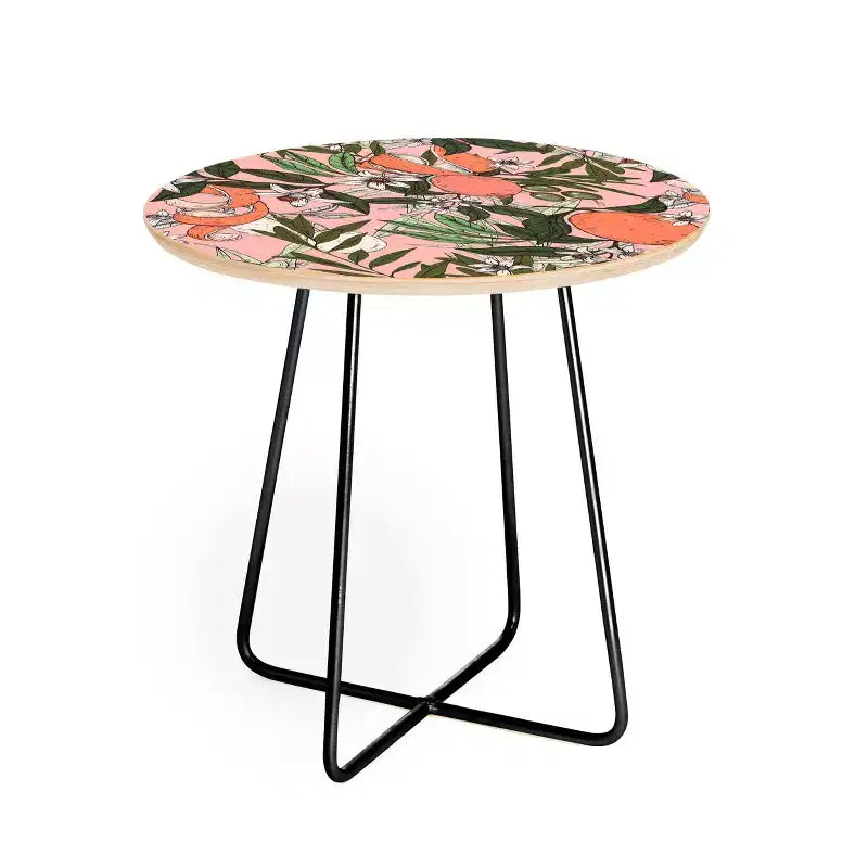 Round Marta Barragan Camarasa Olives In The Orange Flowers Side Table Pink/Black - Deny Designs: Stain-Resistant Steel Frame