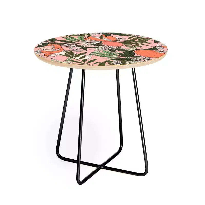 Round Marta Barragan Camarasa Olives In The Orange Flowers Side Table Pink/Black - Deny Designs: Stain-Resistant Steel Frame