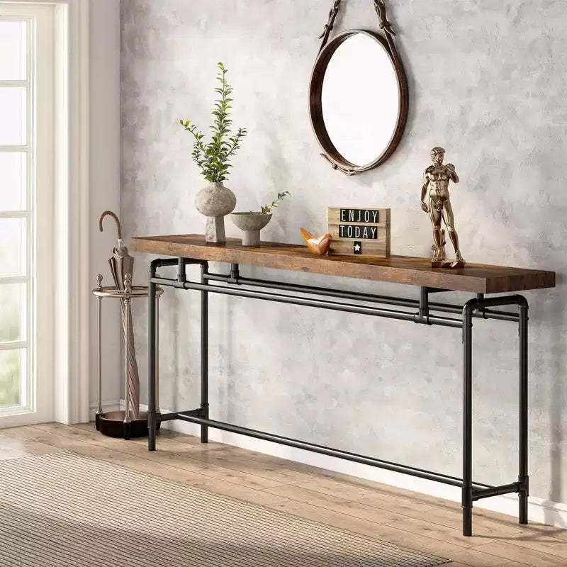 LITTLE TREE 70.9" Industrial Extra Long Console Sofa Table Brown/Black