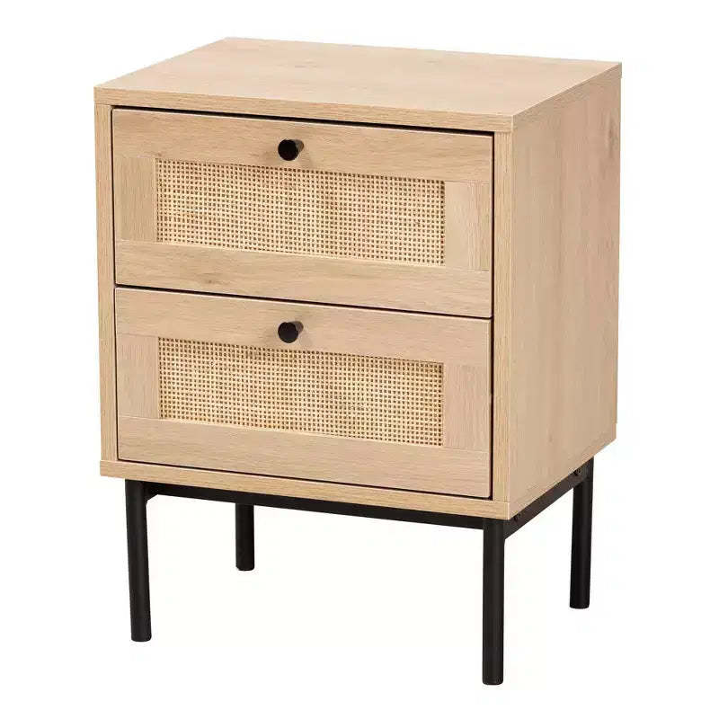 Baxton Studio Sherwin 2 Drawer End Table with Woven Rattan Accent Light Brown/Black: Mid-Century Storage, Metal Base