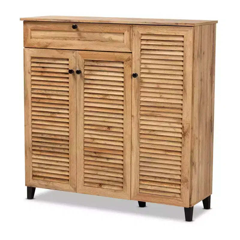 Coolidge Wood 3 Door Storage Cabinet with Drawer Oak Brown - Baxton Studio: 21-Pair Shoe Organizer, Tapered Legs