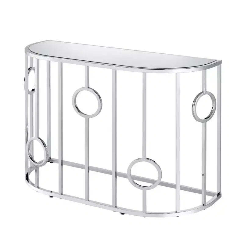 HOMES: Inside + Out Oakmonte Mirrored Semi Circle Sofa Table Chrome: Luxury Glam Style, Tempered Glass Top, Steel Frame