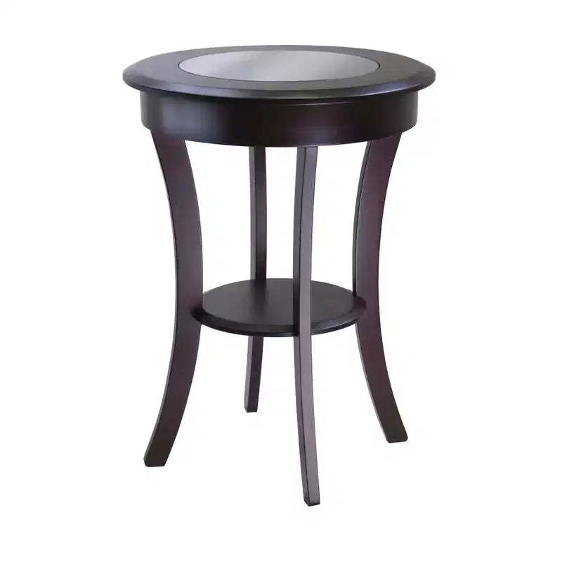 Cassie Round Accent Table with Glass - Cappuccino - Winsome: Flared Legs, Wood Composite Shelf, 27" Height