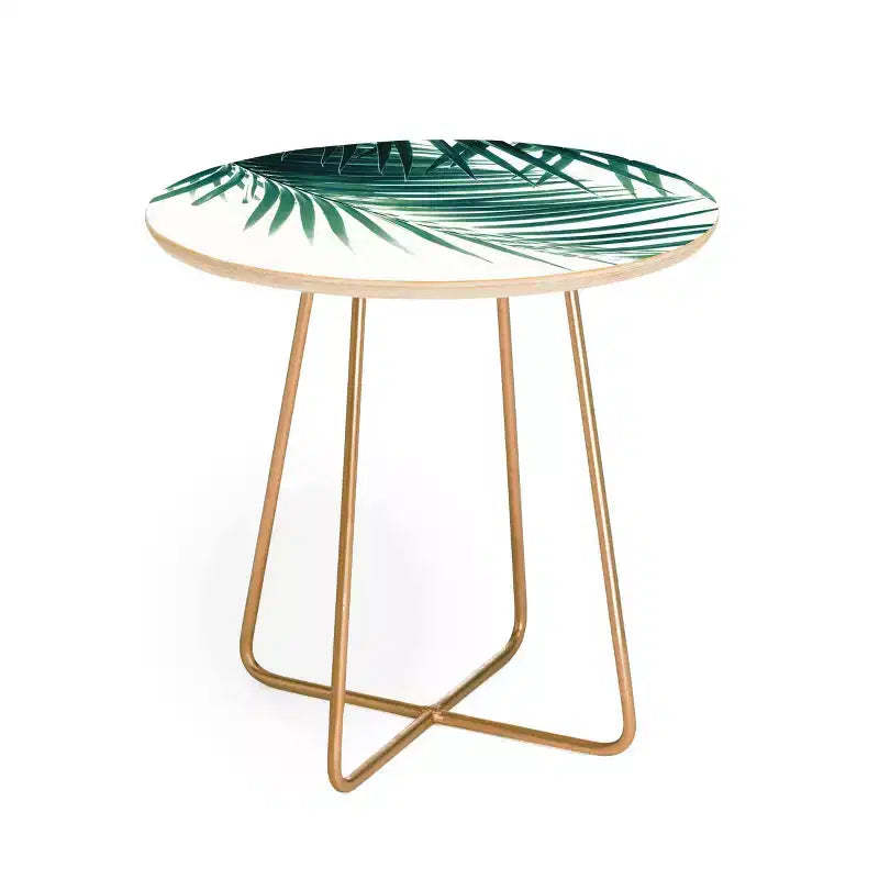 Round Anita's & Bella's Artwork Palm Leaves Side Table with Gold Steel Legs - Deny Designs