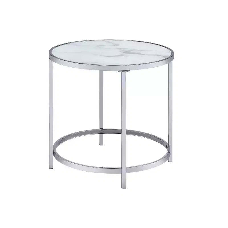 Rayne Round End Table Faux Marble White - Steve Silver Co.: Chrome Frame, Glass Level, No Tools Assembly