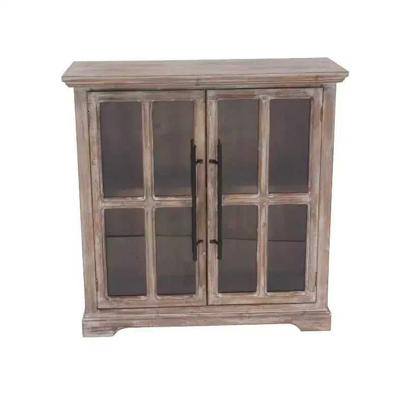 Olivia & May Rectangular Farmhouse Wood and Glass Cabinet Brown : No Assembly, Carved Details, 2 Doors