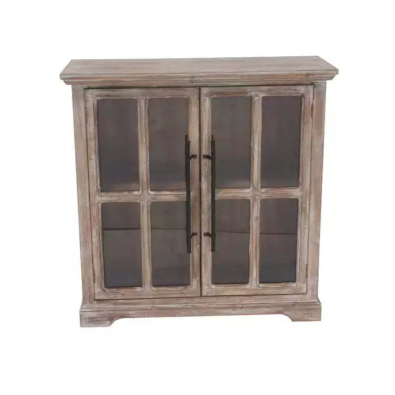 Olivia & May Rectangular Farmhouse Wood and Glass Cabinet Brown : No Assembly, Carved Details, 2 Doors