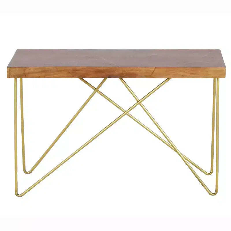 Steve Silver Walter Sofa Table Mango Wood Top with Brass Inlay and Base: Crisscross Metal Legs, Wood Veneer, Modern Glam Design