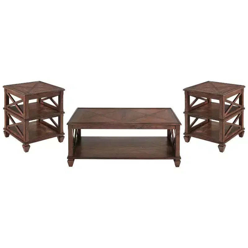 3pc Bridgton Wood Living Room Set with Coffee Table and 2 Shelf End Tables Cherry - Alaterre Furniture: Mid-Century Modern Design