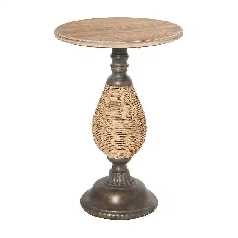 Farmhouse Metal Woven Pedestal Accent Table Brown - Olivia & May: No Assembly, Round Wood Top