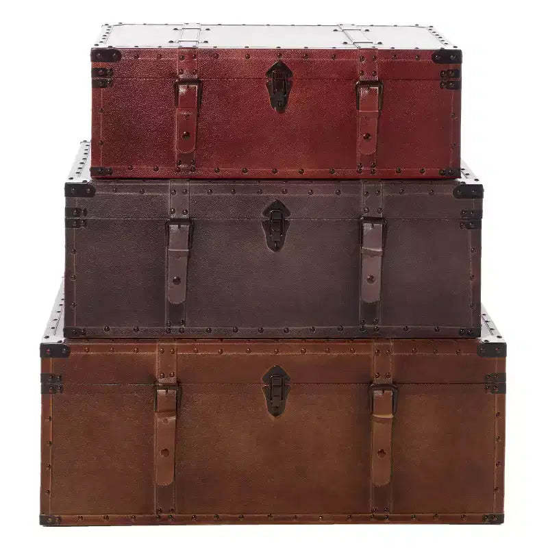 Olivia & May Rectangular Rustic Faux Leather Trunk Coffee Table Brown: Vintage-Inspired Storage Solution, No Assembly Required