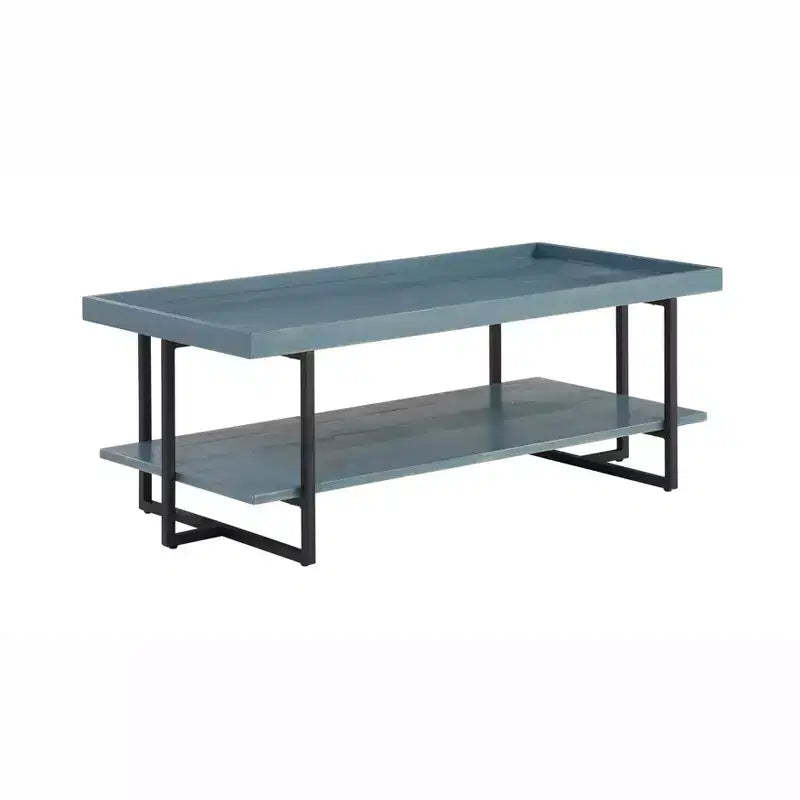 HOMES: Inside + Out Grislare Rectangular Coffee Table Blue: Contemporary Rustic Design, Open Storage Shelves, Metal & MDF