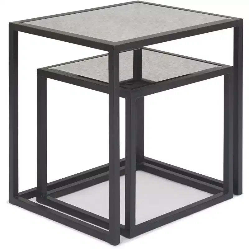Set of 2 Gramercy Square Mirrored Accent Tables Black - Finch: Nestable, Antique Finish, Metal Frame