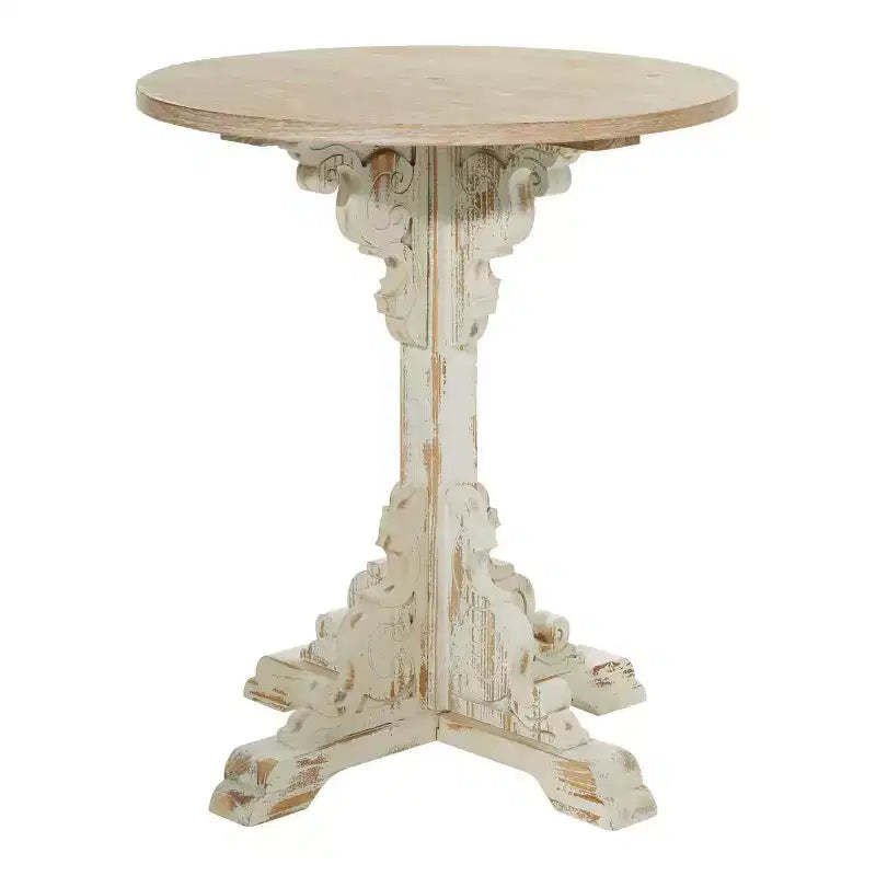 Small Round Antique Wood Accent Table White - Olivia & May: Ornate Farmhouse Style Side Table
