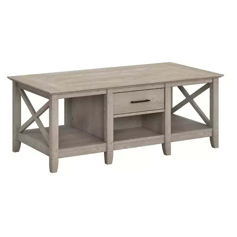 Key West Coffee Table with Storage - Bush Furniture: Aged Bronze Pulls, Open Compartments