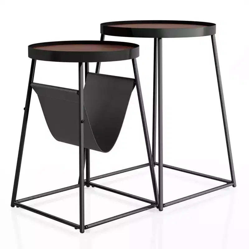 24/7 Shop At Home Quinlane Nesting Table with Magazine Holder Walnut/Matte Black: Modern Steel Frame, Round MDF Top