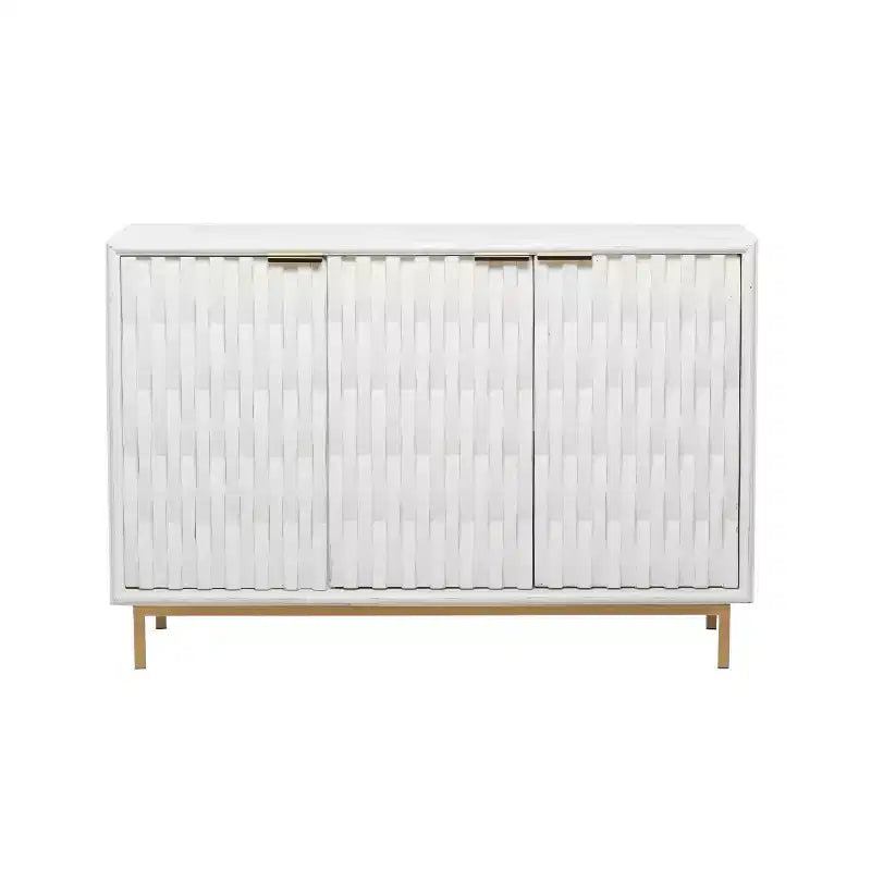 Olivia & May Contemporary Carved Woven Pattern Wood 3 Door Cabinet White: Modern Design, MDF, Metal Frame, No Assembly Required