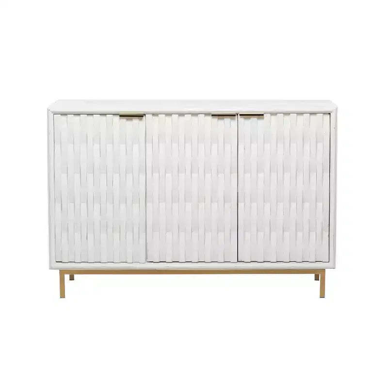 Olivia & May Contemporary Carved Woven Pattern Wood 3 Door Cabinet White: Modern Design, MDF, Metal Frame, No Assembly Required