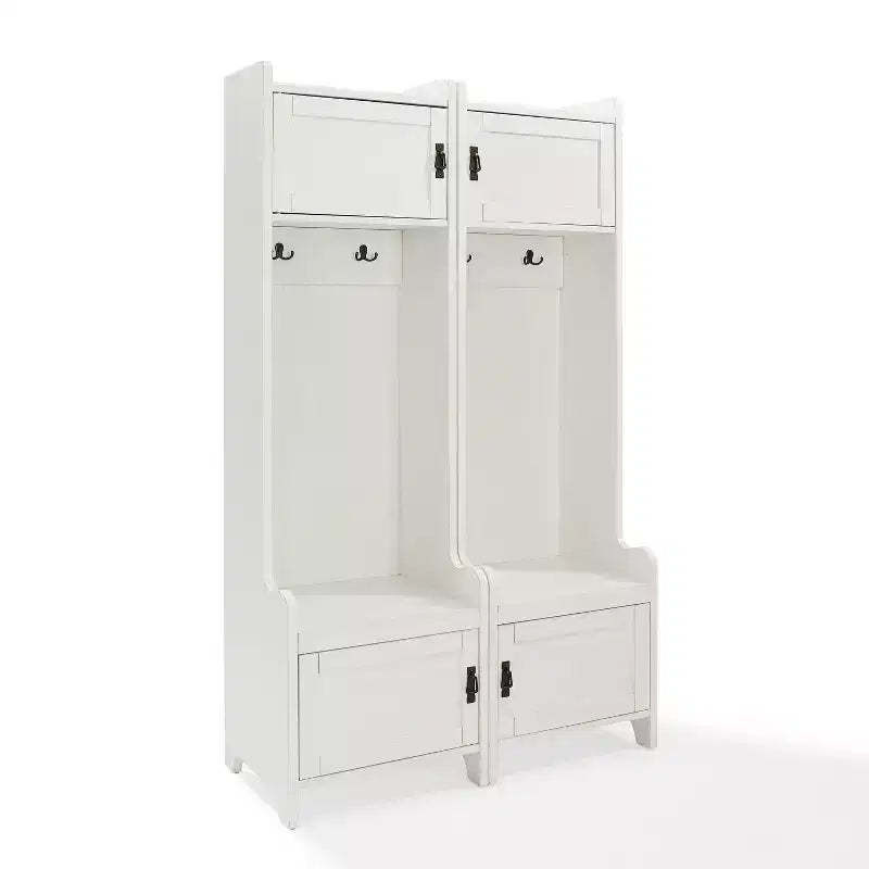 Crosley 2pc Fremont Entryway Kit Two Towers White: Hall Tree Organizer with 4 Hooks, Wood Veneer, Metal Hardware