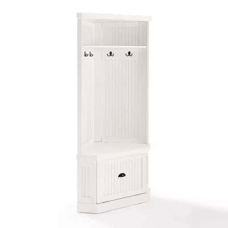 Seaside Corner Hall Tree Distressed White - Crosley: Entryway Organizer with Shoe Storage, 4 Hooks