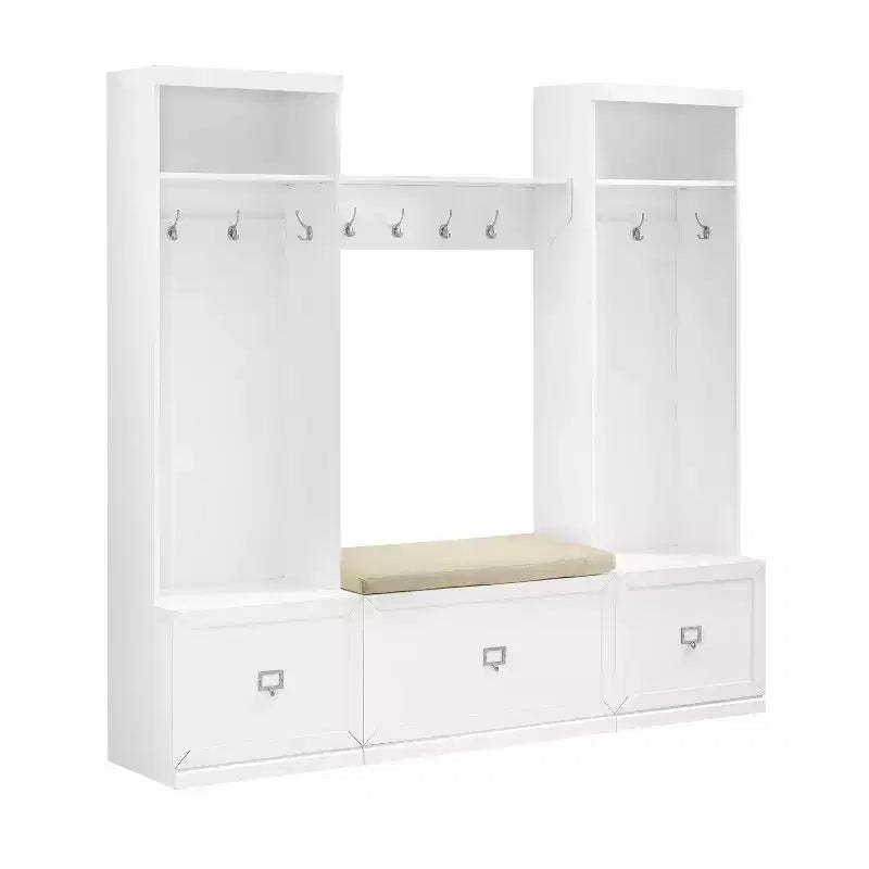 4pc Harper Entryway Set with Bench, Shelf and 2 Hall Trees Set White - Crosley