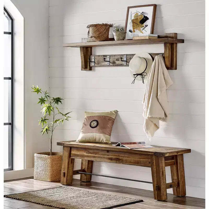 Durango Industrial Wood Coat Hook Shelf and Bench Set Dark Brown - Alaterre: Rustic Hall Tree, Mudroom Storage